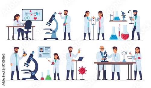 Colorful illustration of scientists working in laboratory with research tools and experiments