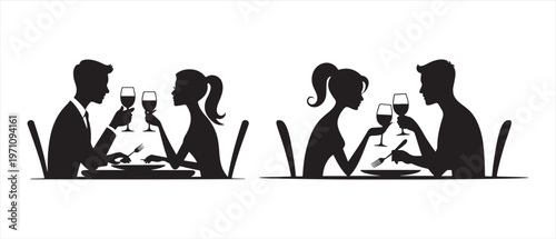Couple dining silhouette, celebrating romantic dinner date with wine glasses and food on table.