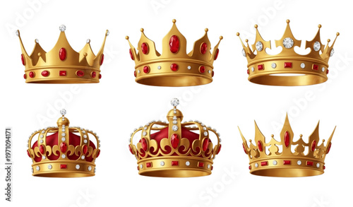 Realistic gold crown 3D set with royal king and queen crowns with red jewels isolated