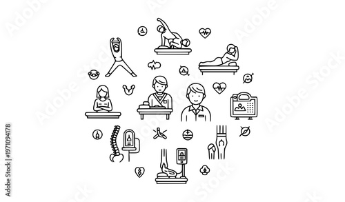 Modern physical therapy icons collection with rehabilitation exercise recovery and wellness symbols
