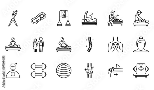 Physical therapy outline icon set with rehabilitation exercise massage and wellness care symbols