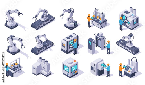 Isometric industrial robots and factory machines set with robotic arms engineers and assembly line icons