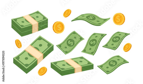 Colorful cartoon cash illustration with dollar stacks bundles flying banknotes and gold coins