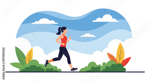 Active woman jogging through scenic park with green bushes and rolling hills under a bright blue sky with white clouds.