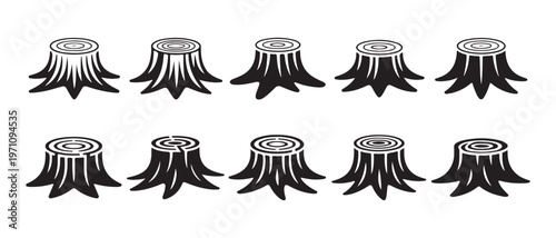 Set of Black and White Tree Stumps Illustration with Visible Rings and Roots on a Clean White Background, Graphic Icons.