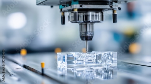Detailed medium shot featuring a zirconia block clamped in a highprecision milling machine with focus on the cutting tool shaping crown contours and blurred workshop environment.
