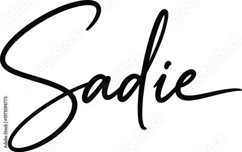 A beautiful black cursive signature of the name Sadie on a white background