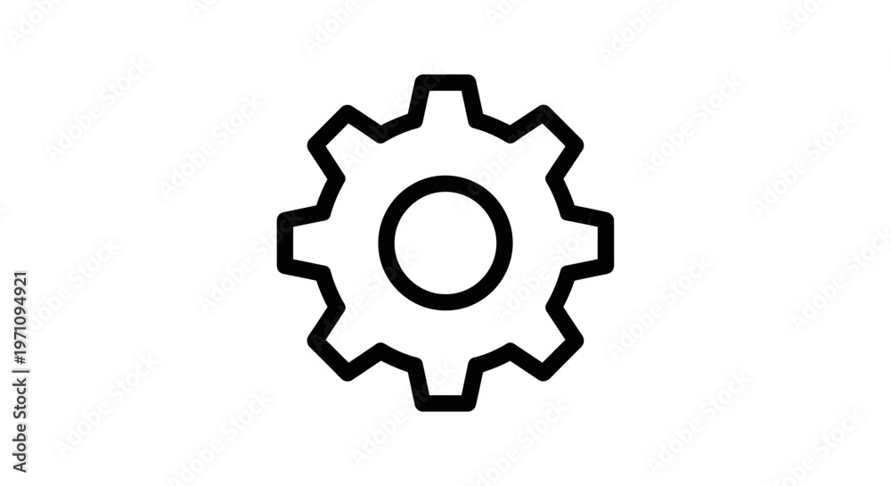Fototapeta premium Simple black outline gear icon on a white background, representing mechanics, engineering, and industry.