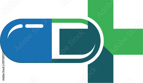 A medical capsule and green cross logo symbolizing health and wellness on a white background