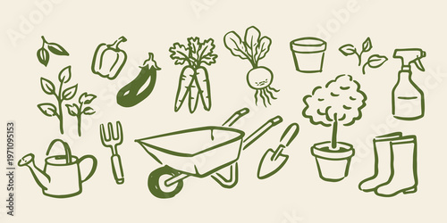 Garden tools and vegetables doodle icon set vector illustration