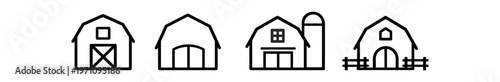 Barn icons set. farm buildings, barn, silo, stable, fence, agricultural storage, rural structure. line and flat vector illustration.