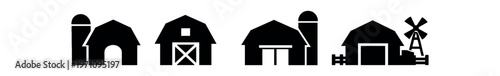 Barn icons set. solid farm silhouettes, barn, silo, windmill, stable, agricultural buildings. flat vector illustration.