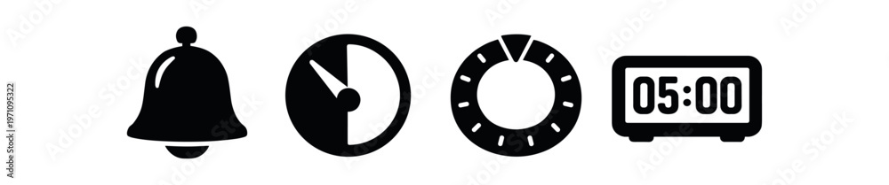 Fototapeta premium Alarm bell and countdown icon set. notification bell, pie timer, progress ring, digital alarm display 05:00. line and flat vector illustration.