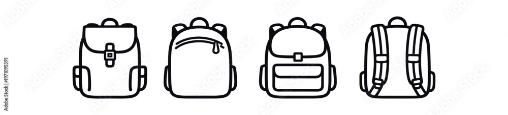Fototapeta premium Backpack icon set. backpack, rucksack, school bag, travel pack, shoulder straps, pockets, buckle. line and flat vector illustration.