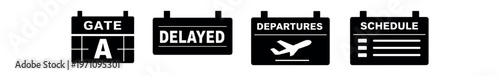 Airport signage icon set. gate, delayed, departures, schedule, flight board, information display. line and flat vector illustration.