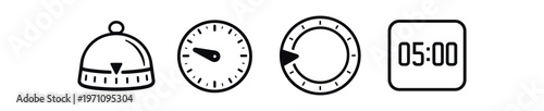 Service bell and timer icon set. desk bell, analog clock, rotary timer, digital clock, countdown, alarm. line and flat vector illustration.
