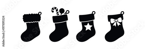 Christmas stocking icon set. stocking, sock, holiday gift, candy cane, bow, star. line, flat and colored vector icon set.