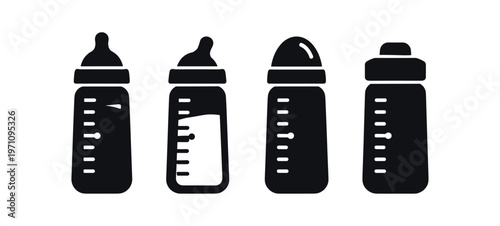 Baby bottle icon set. feeding bottle, milk, formula, nipple, measurement marks, toddler. line, flat and colored vector icon set.