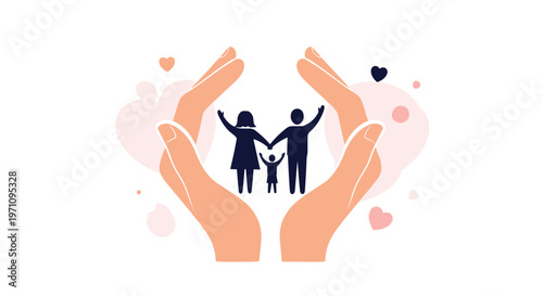 Heartwarming concept of family protection and insurance showing silhouette of parents and child within caring large hands and hearts.