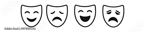 Theater masks icon set. comedy and tragedy masks, drama, performance, emotion, stage. line, flat and colored vector icon set.