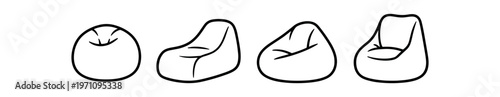 Bean bag chair icon set. beanbag, pouf, lounge seat, casual furniture, soft chair. line, flat and colored vector icon set.