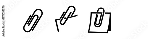Paperclip attachment icon set. clip, attach, binder, office supply, document, note. line and flat vector illustration.