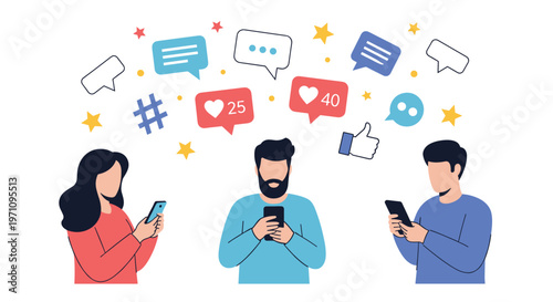 Young people using smartphones for social media communication with floating icons of likes, messages, and hashtag.