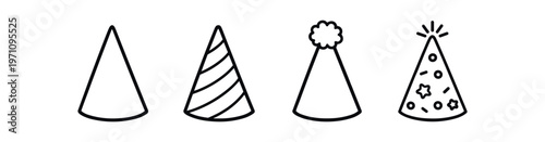 Party hat icon set. party hat, cone hat, birthday hat, celebration, festive, pom pom. line, flat and colored vector icon set.