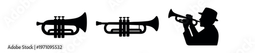 Trumpet and musician icon set. brass instrument, horn, jazz player, music, performance. flat vector illustration.