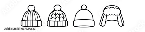 Winter hat icon set. beanie, knit cap, pompom, trapper hat, cold weather headwear. line and flat vector illustration.
