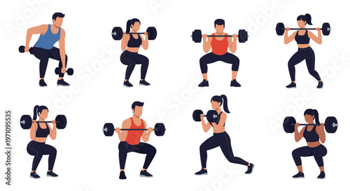 Collection of fitness characters shown in various weightlifting poses with barbells and dumbbells for strength training.