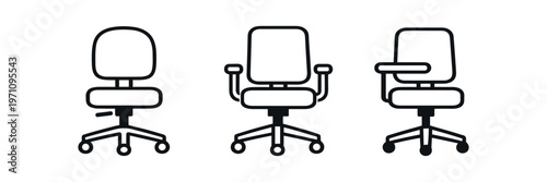 Office chair icon set. office chair, desk chair, swivel, ergonomic, armrest, caster, furniture. line, flat and colored vector icon set.