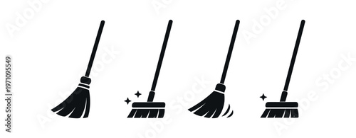 Broom icon set. broom, push broom, broomstick, sweep, cleaning, housework. line, flat and colored vector icon set.