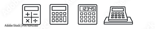 Calculator icon set. basic calculator, numeric keypad, desktop adding machine, finance and accounting tools. line and flat vector illustration.