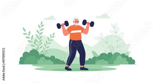 Active senior man with gray hair lifting two blue dumbbells for strength training in a lush green park setting.