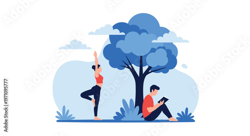 Peaceful scene of a young man reading a book and a woman practicing yoga under a large tree in a stylized blue landscape.