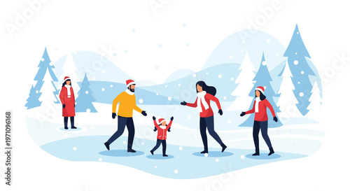 Happy family with a young child ice skating together in a beautiful winter park with snow covered mountains and pine trees.