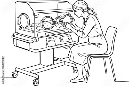 Female scientist working with laboratory incubator handling samples medical research environment continuous line drawing vector illustration