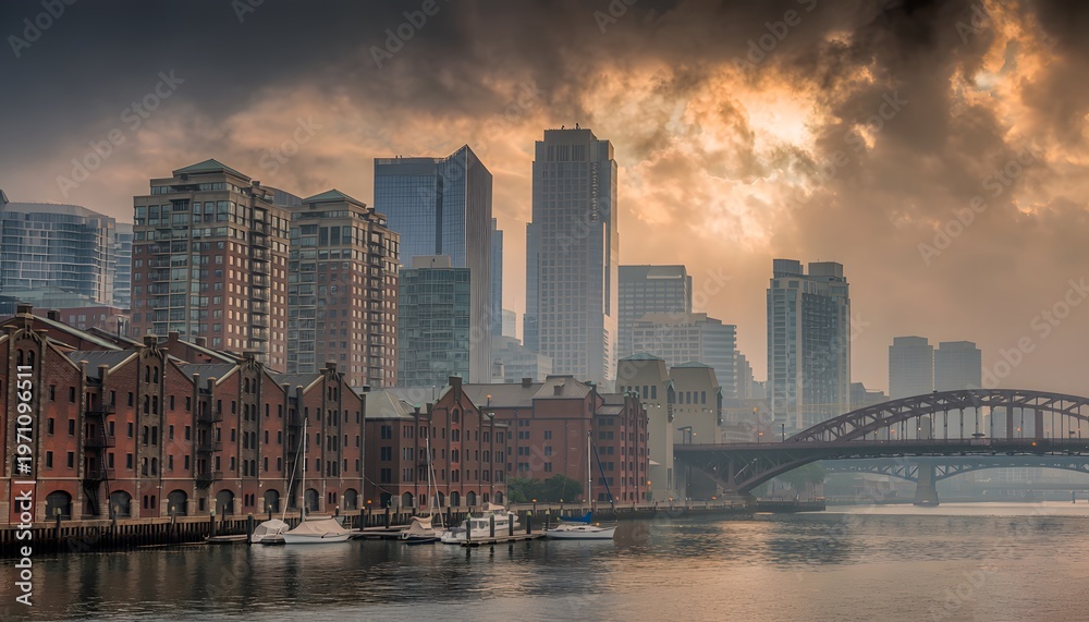 Obraz premium Metropolitan Majesty: A High-Resolution Vista of a Modern North American City Skyline at Dusk