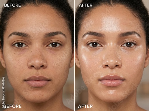 Before and After Skincare Transformation: Natural Skin Texture Pores and Redness vs Hydrated Radiant Glass Skin Glow. Beauty Treatment Comparison, Facial Care, Dermatology, Healthy Glowing Skin. 