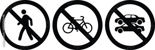 prohibition traffic sign no bicycle car man black icon set vector illustration
