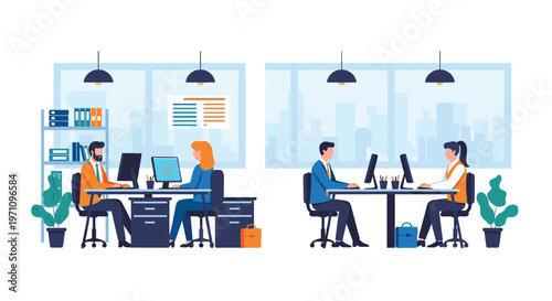 Group of professional employees working on computers at their desks in a modern open plan office environment with large windows.