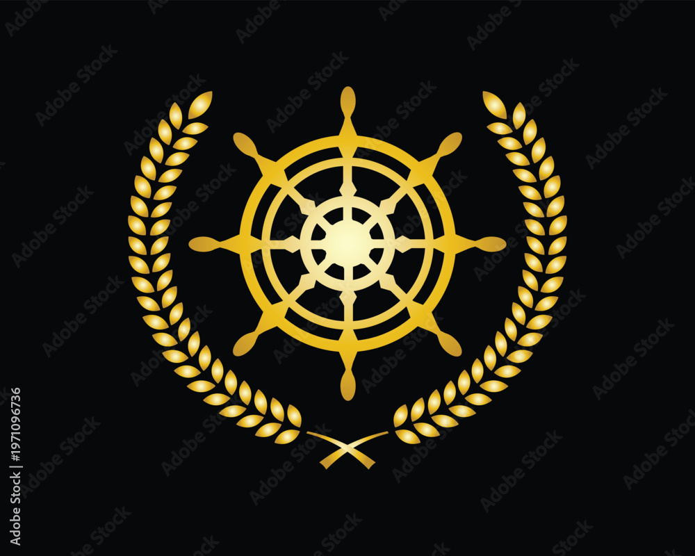 Obraz premium Golden nautical ship wheel framed by a laurel wreath, representing maritime leadership, authority, and professional excellence.