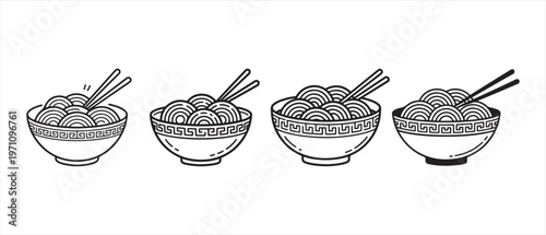 Illustration of bowls of noodles with chopsticks, simple line art, graphic design.