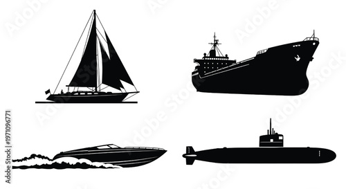 A collection of naval vessels in black silhouette