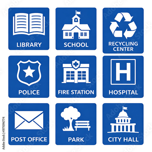 Public Service Facility Icons Set Vector Blue Square Design