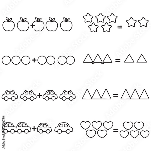 Simple math equations with outline apples stars circles cars hearts addition equals