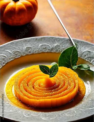 Vibrant Pumpkin Dessert with Fresh Leaves on a Decorative Plate