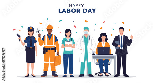 Group of diverse workers from different professions standing together under confetti to celebrate a happy Labor Day event.