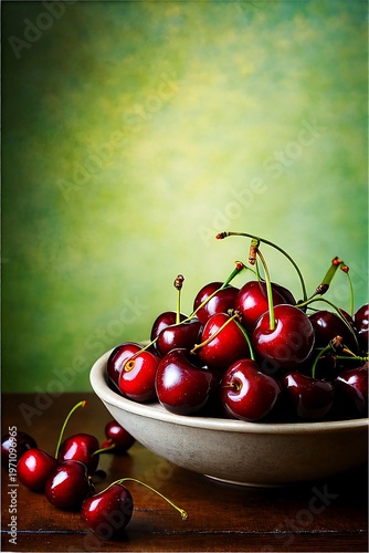 A white bowl filled with fresh, red cherries on a wooden surface, with a vibrant green background.